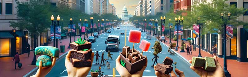 Image of downtown Washington DC with a people's hands full of edibles in the middle