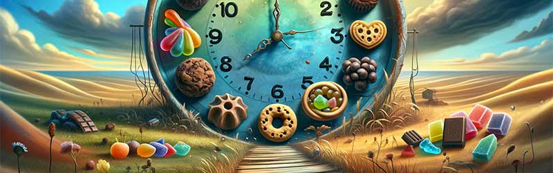 Image depicting how long edibles last. It shows a bunch of edibles in a large clock.