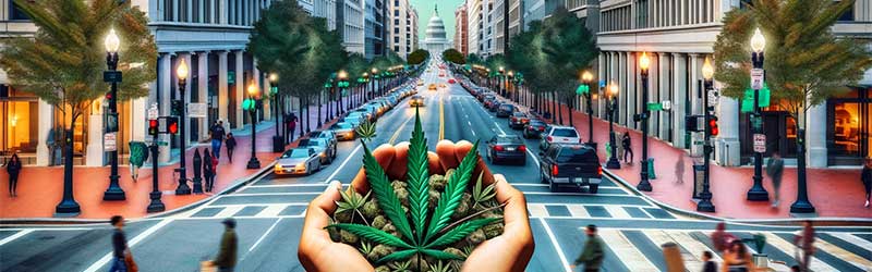 Image of downtown Washington DC with a person's hands full of weed in the middle