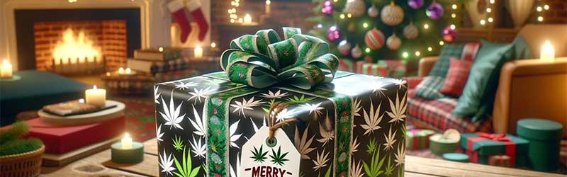 A christmas present in weed wrapping paper.