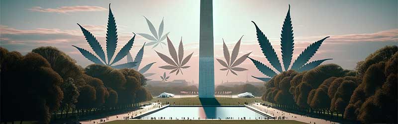 Image of the Washington Monument with weed leafs around it